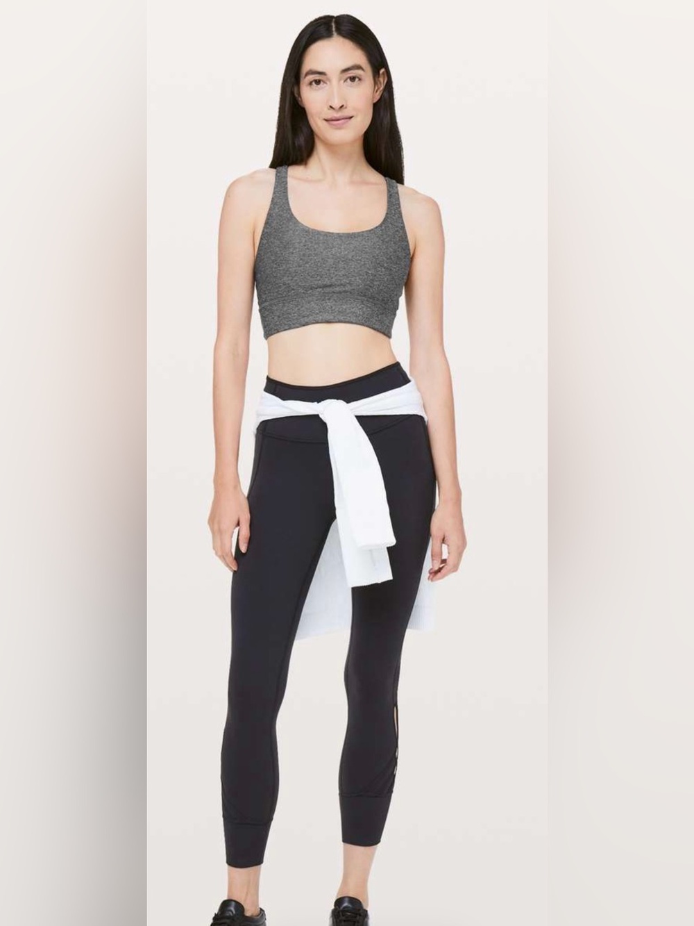 Lululemon Energy Bra Long Line Size 8 Heathered Black Gray Strappy Yoga Bra